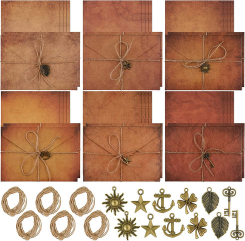 Vintage Stationary Paper and Envelopes Set, Writing Stationery Paper Letter and Envelopes Includes Sheets Antique Letter Papers, Kraft Envelopes, Retro Accessories, Rope (60)