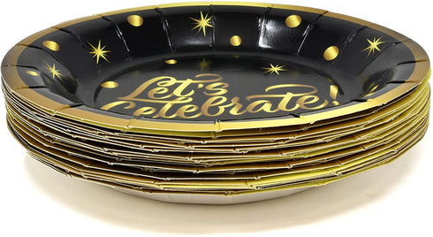 Black & Gold Party Supplies Tableware Set 24 9" Paper Plates 24 7" Plate 24 9 Oz Cups 50 Lunch Napkins for Celebrate Birthday Wedding Retirement Grad New Years Celebration Disposable Dinnerware D©cor