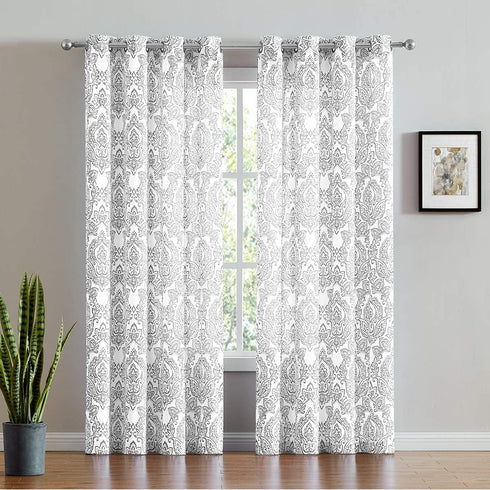 FMFUNCTEX White Grey Damask Print Curtains for Bedroom 63 inch Total Privacy Vintage Flower Window Drapes Living Room Grommet Top 50" w x Set of 2