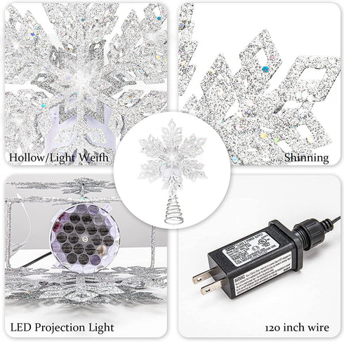 Afirst Christmas Tree Topper Lighted Snowflake with LED Rotating Snowflake Projector Lights 11.4 inches 2-in-1 Silver Glittered Xmas Tree Decoration