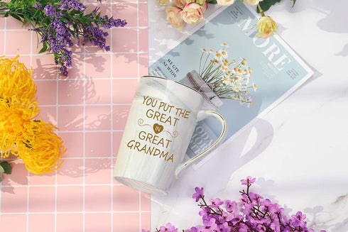 You Put The Great In Great Grandma Mug Great Grandma Gifts Mug Birthday Mothers Day Gifts for Grandma from Grandkids Granddaughter Grandson Grandchildren Gifts Grandma Coffee Mug 14 Ounce Gray