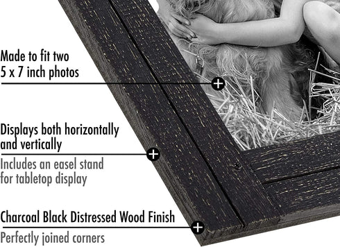 Americanflat 5x7 Double Picture Frame in Charcoal Black - Textured Wood and Polished Glass - Horizontal and Vertical Formats for Wall and Tabletop, 2 5x7 openings