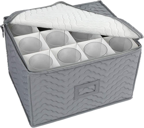 LotFancy Stemware Storage Container - Deluxe Quilted Storage Case with Dividers for 12 - Wine Glasses, Champagne Flutes, Glassware, Drinkware Storage Chest, 15.5?x12.5?x 10?, Gray
