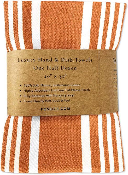FOSSICS Designer Hand and Kitchen Dish Towels, One Half Dozen | Oversized 20 x 30 inches | Apricot Stripe