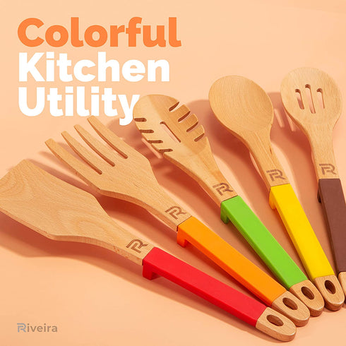 Riveira Wooden Spoons for Cooking Kitchen Cooking Utensils Set 5-Piece Spatula Wood Slotted Spoon Serving Utensil Fork Nonstick Utensils with Silicone Handles for Everyday Use