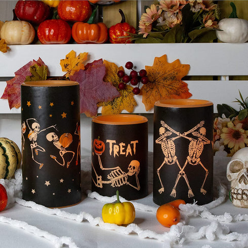 YUROZAC Halloween Flameless Candles with Timer, Flickering Battery Operated Real Wax Electric LED Pillar Candles for Halloween Decoration Set of 3 Orange, 456 Tall