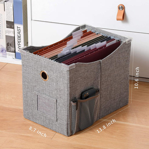 Linen File Boxes 1-Pack with Metal Sliding Rail For Letter Size File Storage Box with Extra Pocket Storage Collapsible Hanging File Organizer Storage Filing Box File Organizer Bin (1, GREY)