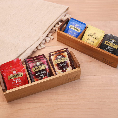 Small Wooden Tea Bag Box 2PCS by HTB, 3 Compartments Acacia Wood Tea Bag Chest with Handle, Mini Countertop Divided Storage Container for Beverage Supplies, Sugar, Sweeteners, Individual Packets