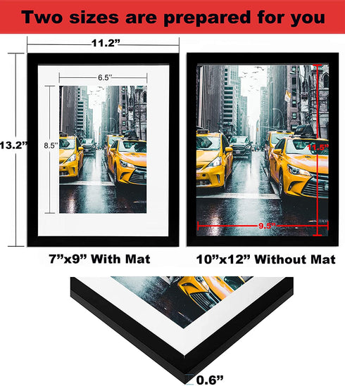 Picture Frame 10x12 Black Picture Frames Set of 2, Display Pictures 7x9 with Mat or 10x12 Without Mat, Solid Wood Photo Frames for Wall or Tabletop Display,Black