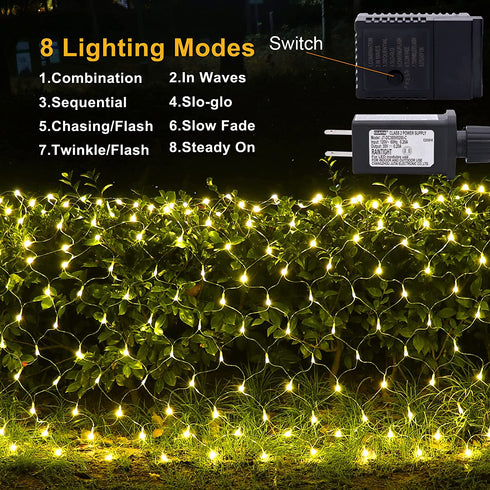 Christmas LED Net Lights, 380 LED 11.8ft x 5.2ft 8 Modes Mesh Fairy String Lights, Xmas Decorative Lights for Christmas Trees, Bushes, Weddings, Garden, Indoor Outdoor Decorations (Warm White)