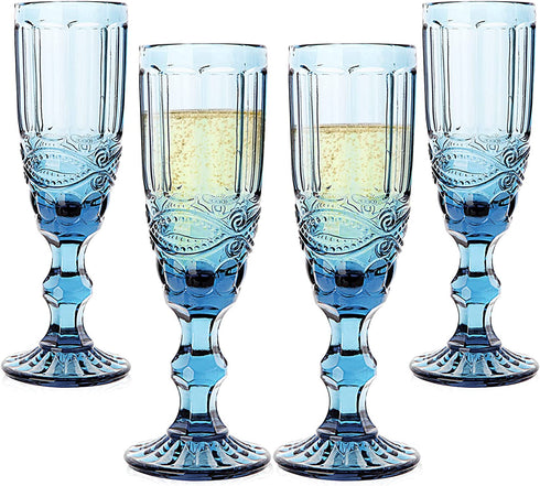 Champagne Glasses set of 4 Cheers Champagne Flutes 5 oz for Wedding Party Anniversary Christmas Vintage Pattern Embossed Premium Glass 150 ml (Blue)