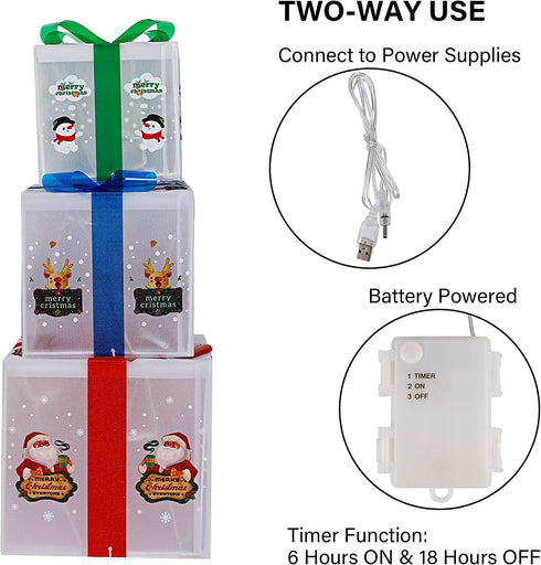 Glory Island Christmas Decorations Lighted Boxes, Set of 3 Lighted Merry Box, Santa Claus Snowman Pattern Box for Xmas Tree Indoor Outdoor Home Fireplace Yard Garden