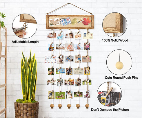 Bulletin Board Wall Decor Picture Frames Collage Hanging Photo Display Multi Pictures Organizer Wood Cork Board Photo Frame with 30 Clips and 6 Pushpins for Room Carbonized Black