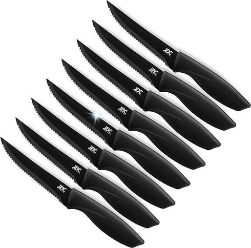 LDC Steak Knives Set of 8 - Black Steak Knife Set & Dinner Knife Set- Stainless Steel, Ultra-Sharp, Scratch Resistant And Rust Proof - Non Stick and Dishwasher Safe - Serrated Steak Knives