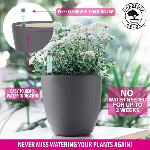 Gardenix Decor 7'' Self Watering planters for Indoor Plants - Flower Pot with Water Level Indicator for Plants, Grow Tracking Tool - Self Watering Planter Plant Pot-Coco Coir - Gray 1 Pack