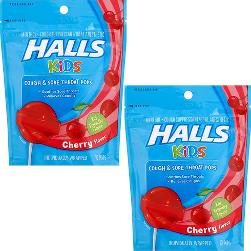 Halls Kids Cough & Sore Throat Cherry Pops,10 Pops Each (Pack of 2)