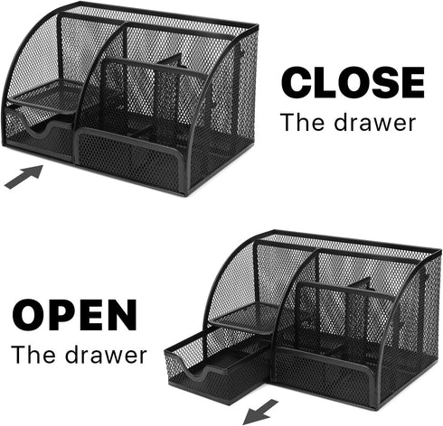 Flexzion Desk Organizer Office Supplies Accessories Desktop Tabletop Sorter Shelf Pencil Holder Caddy Set - Metal Mesh with Drawer and 6 Compartments (Black)