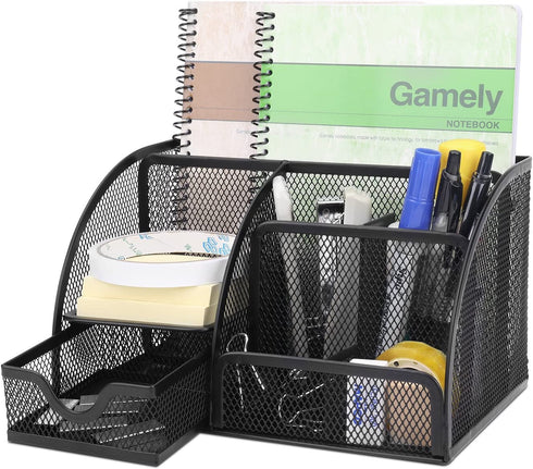 Flexzion Desk Organizer Office Supplies Accessories Desktop Tabletop Sorter Shelf Pencil Holder Caddy Set - Metal Mesh with Drawer and 6 Compartments (Black)