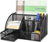 Flexzion Desk Organizer Office Supplies Accessories Desktop Tabletop Sorter Shelf Pencil Holder Caddy Set - Metal Mesh with Drawer and 6 Compartments (Black)