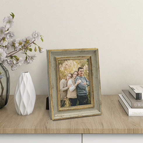 Afuly 5x7 Vintage Picture Frame Antique Photo Frames Retro Green and Gold Singleton Glass Tabletop Display Wall Mount Wedding Gifts Unique Gifts for Grandma