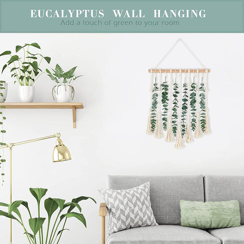 Artificial Eucalyptus Wall Decor Artificial Eucalyptus Garland Fake Eucalyptus Greenery Fake Eucalyptus Vines Wall Hanging with Woven Tassels for Backdrop Arch Wall Wedding Bedroom Apartment Decor