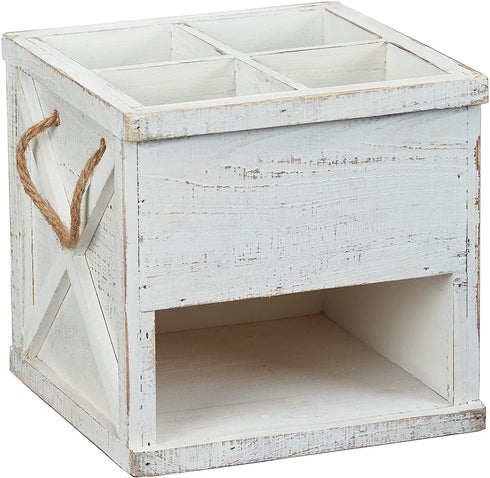 Barnyard Designs Rustic Wood Utensil Caddy with Napkin Holder - 4 Compartment Flatware, Silverware or Utensil Crock and Napkin Slot, Farmhouse Kitchen Decor, White, 7.75" x 7.75 x 6.75" (White/White)