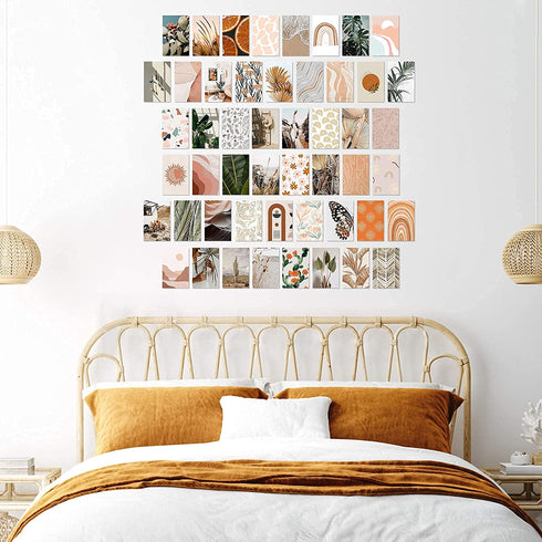 Yopyame 50PCS Boho Aesthetic Pictures Wall Collage Kit, Peach Teal Photo Collection Collage Dorm Decor for Girl Teens and Women, Orange Boho Wall Prints Kit, Small Posters for Room Bedroom Aesthetic