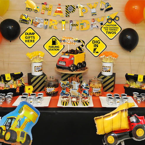 MATTTIME Construction 2nd Birthday Banner Cake Cupcake Topper Terrible Two Traffic Sign Cutouts Dump Truck Party Decoration 2 Years Old Supplies
