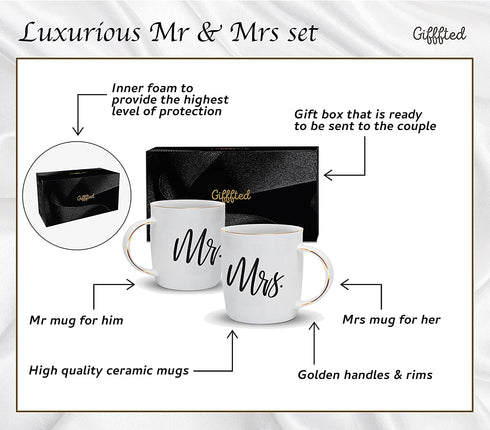 Triple Gifffted Mr and Mrs Coffee Mugs Gifts, For Wedding, Anniversary, Engagement, Present For Couples, Women, Bride Groom, Christmas, Bridal Shower, Valentines, His and Her Set, Couple Mug Gift