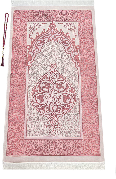 Muslim Prayer Rug and Prayer Beads with Elegant Cylinder Gift Box | Janamaz | Sajadah | Soft Islamic Prayer Rug | Islamic Gifts Set | Prayer Carpet Mat, Taffeta Fabric, Burgundy