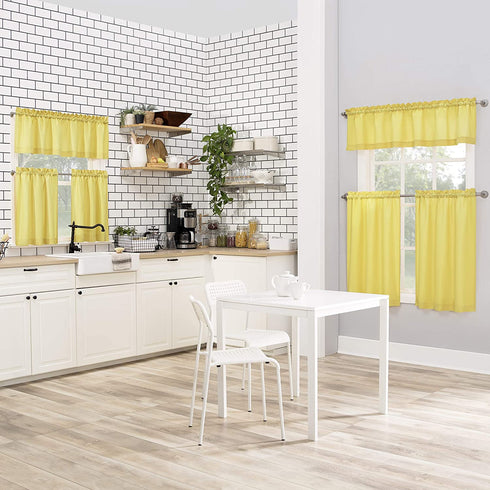 No. 918 Martine Microfiber Semi-Sheer Rod Pocket Kitchen Curtain Valance and Tiers Set, 54 in x 45 in (3 Piece), Yellow