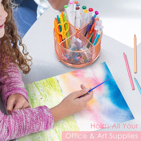 Rose Gold Mesh Desk Organizer, Varhomax Pen Holder Desktop Storage Caddy, Rotating 360-Degree Pencil Holder for Home Office Multi-Functional 4 Compartments Large Storage Capacity