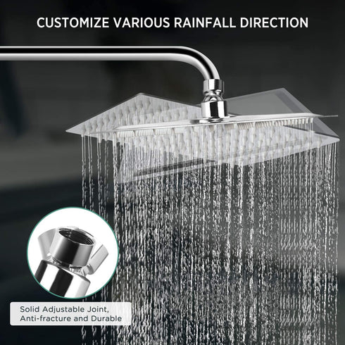 Sooreally Rain Shower Head High Pressure, 10 Inch Stainless Steel Square Rainfall Showerhead, Mirror-like, Easy Install, Swivel Spray Angle, Luxury Shower Experience, Chrome Finish