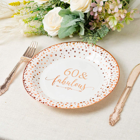 Crisky 60 Fabulous Disposable Plates for Women 60th Birthday Decorations Rose Gold Dessert, Buffet, Cake, Lunch, Dinner Disposable Plates 60th Birthday Party Table Supples, 50 Count, 9 inches