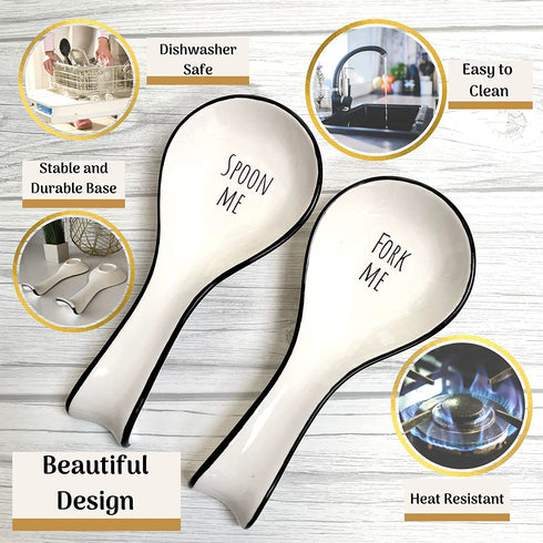 OAKOA 2 Pack Ceramic Spoon Rest for Stove Top - Cute Spoon Rests for Kitchen Counter - Fork Me Spoon Me - Cooking Spoon Holder - Utensil Rest - Ladle Holder - Spatula Rest - Farmhouse White Funny