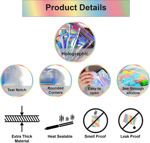 100 Pcs Holographic Resealable Mylar Bags - 5x7 Inch Smell Proof - Ziplock and Heat Sealable Stand Up Pouches - Use for Party Favors - Lip Gloss Packaging - Small Business Sample - WaldOaks