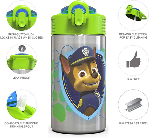 Zak Designs Paw Patrol 15.5oz Stainless Steel Kids Water Bottle with Flip-up Straw Spout - BPA Free Durable Design, Paw Patrol Boy SS
