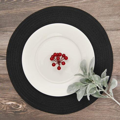 SHACOS Round Braided Placemats Set of 6 Washable Cotton Polyester Woven Round Table Mats 15 inch Heat Resistant (Black, 6)