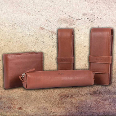 DiLoro Leather Zippered Fountain Ballpoint Rollerball Pens and Pencils Case Holder Pouch Genuine Full Grain Soft Nappa Leather (Bugatti Tan)