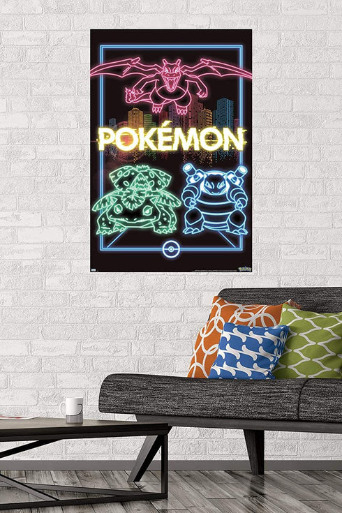Trends International Pok©mon - Neon Group Wall Poster, 22.375" x 34", Poster & Mount Bundle