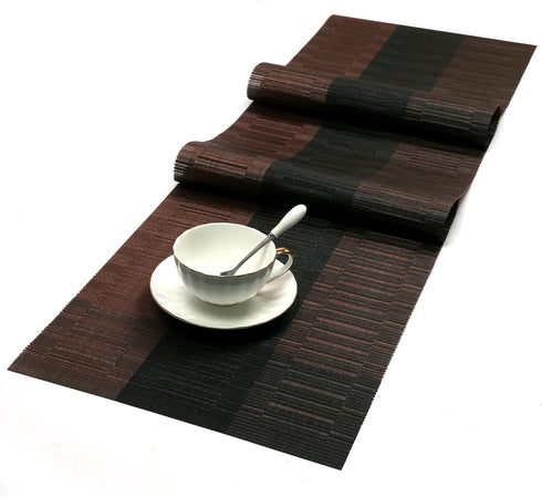 SHACOS Table Placemats Set of 6 with Table Runner Woven Vinyl Wipe Clean Heat Resistant Table Mats and Runner Set for Dining Table, Ombre Coffee Black