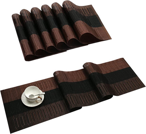 SHACOS Table Placemats Set of 6 with Table Runner Woven Vinyl Wipe Clean Heat Resistant Table Mats and Runner Set for Dining Table, Ombre Coffee Black