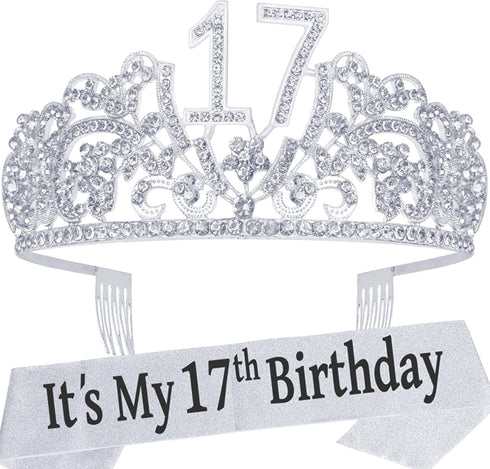 17th Birthday Gifts for Girls, 17th Birthday Tiara and Sash, 17th Birthday Decorations for Girl, 17th Birthday Crown and Sash for Girl, 17 Sash for Girl, 17 Tiaras and Crowns for Girls