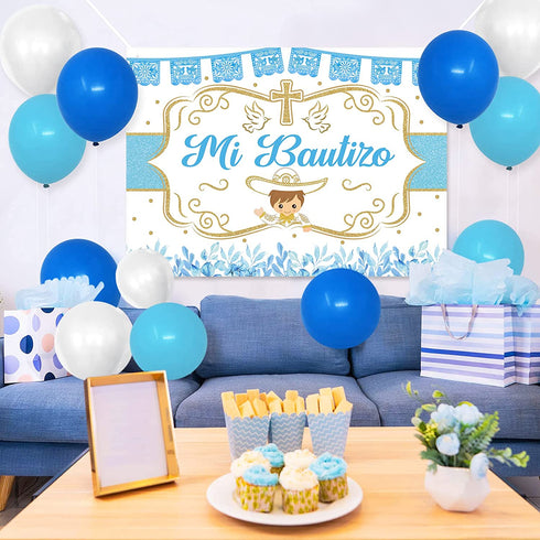 78PCS Mi Bautizo Banner Backdrop Blue Balloons Garland Kit for He God Bless Baby Boy Baptism Party Decorations First Communion Decor Christening Celebration Accessories Gender Photo Background Ideas