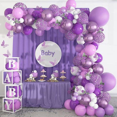 Pateeha Purple Balloon Garland Kit 145 Pcs Butterfly Baby Shower Decorations for Girl 12 Pcs Butterfly Stickers Balloons Arch White Metallic Purple Confetti for Birthday Wedding Party