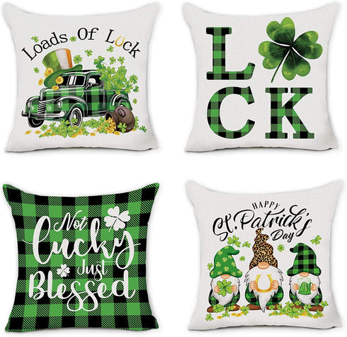 Hexagram St Patricks Day Pillow Covers 18 x 18, Green Buffalo Plaid Truck Shamrock Throw Pillow Covers Set of 4, Patricks Decorations Linen Pillow Covers for Living Room Couch Patio Indoor Outdoor