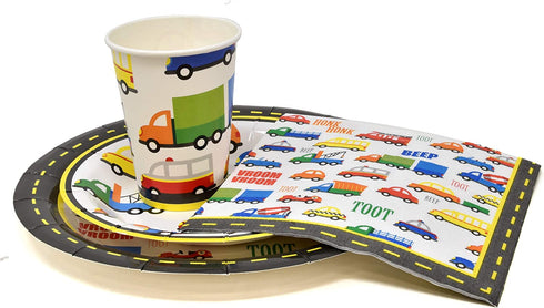 Traffic Jam Cars Trucks Transportation Party Supplies Tableware Set 24 9" Paper Plates 24 7" Plate 24 9 Oz Cups 50 Lunch Napkins for Construction Transport Vehicle Disposable Birthday Decorations