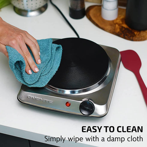 Ovente Electric Single Burner 7.25 Inch Cast Iron Hot Plate Cooktop with 5 Level Temperature Control & Easy Clean Stainless Steel Base, Portable Countertop Stove for Home Dorm Office, Silver BGS101S