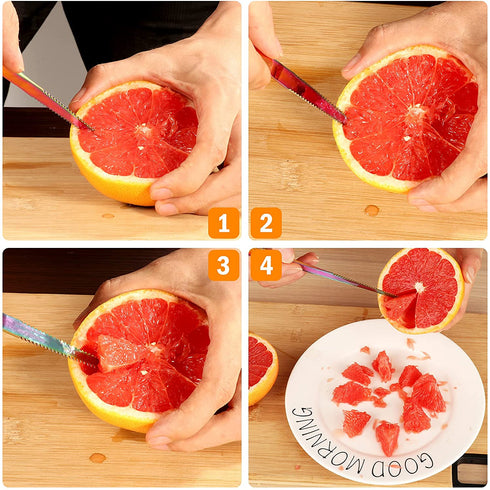 Grapefruit Spoons & Grapefruit Knife, Stainless Steel Grapefruit Utensil Set, Serrated Edge & Thick Gauge Handle, Rainbow Kitchen Tool with Non-stick Plating for Kiwi, Dessert, Apple (5 PCS)
