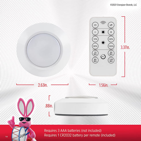 Energizer LED Puck Light, 3 Pack, White, Battery Powered, Wireless, 40 Lumens, Easy to Install, Perfect for Under Cabinet, Bedroom, Closets, Pantry, and More, 47609